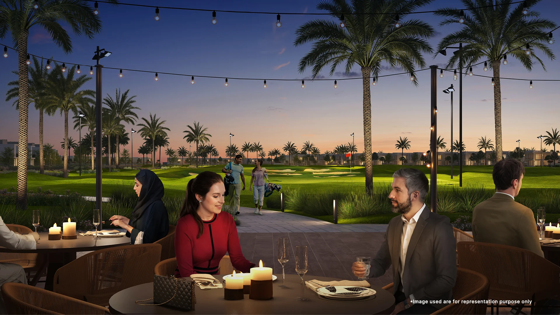 Elegant dining room with panoramic golf course views at Fairway Villas At Emaar South , featuring modern decor and abundant natural light